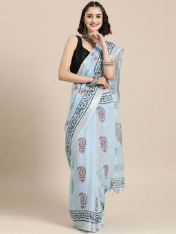 Yufta - Women Sky Blue Hand-Block Printed Woven Saree with Unstitched Blouse