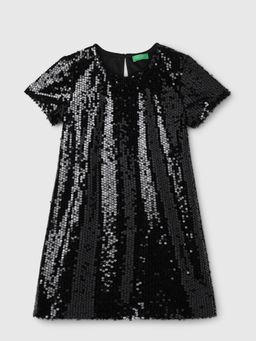 United Colors of Benetton - Black Girls Regular Fit Round Neck Sequined Dress