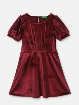 United Colors of Benetton - Burgundy Girls Regular Fit Round Neck Solid A-line Dress