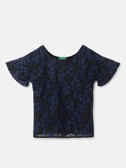 United Colors of Benetton - Navy Blue Girls Regular Fit Round Neck Floral Top
