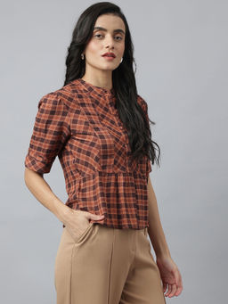 Latin Quarters - Women Brown Half Sleeve Mandarin Neck Check Top