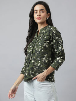Latin Quarters - Women Green 3/4 Sleeve Mandarin Printed Top