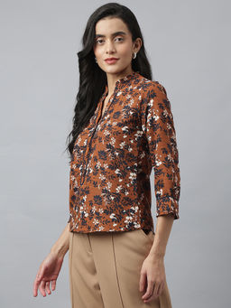 Latin Quarters - Women Brown 3/4 Sleeve Mandarin Neck Floral Top
