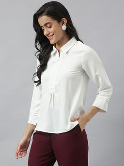 Latin Quarters - Women White 3/4 Sleeve Collared Neck Solid Top