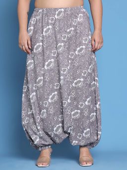 theRebelinme - Plus Size Women Grey Monotone Floral Printed Cotton Harem Pant