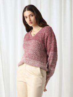 Globus - Women Pink Ombre V-Neck Acrylic Pullover Sweater