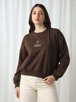 Globus - Women Brown Drop Shoulder Sleeves Graphic Print Oversized Heavy Fleece Sweatshirt