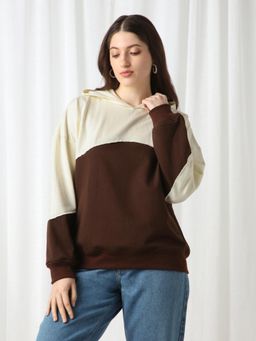 Globus - Women Brown Colorblock Drop Shoulder Sleeves Hooded Oversized Heavy Fleece Sweatshirt