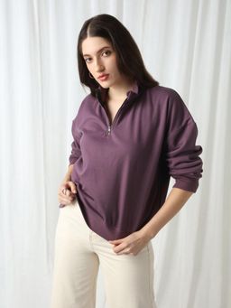 Globus - Women Lavender Half Zipper High Neck Ribbed Hem Oversized Sweatshirt