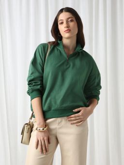 Globus - Women Green Half Zipper High Neck Ribbed Hem Oversized Sweatshirt