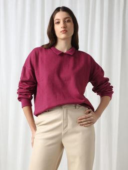 Globus - Women Pink Collared Neck Drop Shoulder Sleeves Oversized Heavy Fleece Sweatshirt