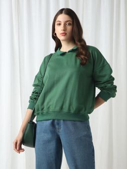 Globus - Women Green Collared Neck Drop Shoulder Sleeves Oversized Heavy Fleece Sweatshirt
