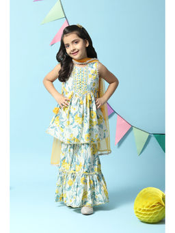 Biba - Girls Off-white/yellow Printed Cotton Gathered Sharara (Set of 3)