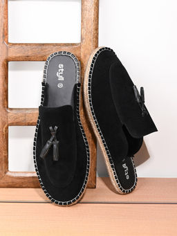 Styli - Men Faux Suede Espadrille with Tassel Mules Black