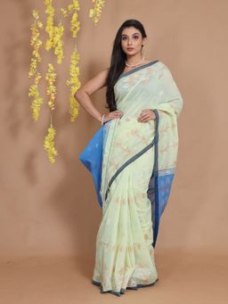 CHARUKRITI - Light Green Cotton Paisley Motifs & Zari Pallu Handwoven Saree with Unstitched Blouse