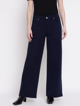 Guess - Women Sonia Velvet Suiting Blue Solid Wide Leg Denim Jeans