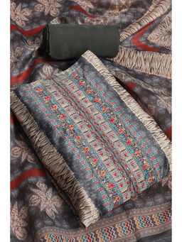 Biba - Grey Chanderi Printed Unstitched Kurta with Bottom & Dupatta (Set of 3)