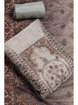 Biba - Grey Chanderi Hand Embroidered Unstitched Kurta with Bottom & Dupatta (Set of 3)