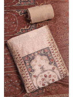 Biba - Brown Chanderi Hand Embroidered Unstitched Kurta with Bottom & Dupatta (Set of 3)