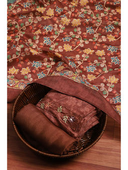 Biba - Brown Chanderi Hand Embroidered Unstitched Kurta with Bottom & Dupatta (Set of 3)