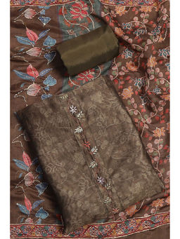 Biba - Olive Chanderi Hand Embroidered Unstitched Kurta with Bottom & Dupatta (Set of 3)