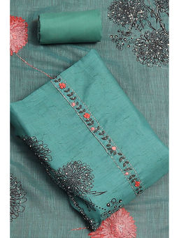 Biba - Teal Linen Hand Embroidered Unstitched Kurta with Bottom & Dupatta (Set of 3)