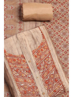 Biba - Beige Chanderi Hand Embroidered Unstitched Kurta with Bottom & Dupatta (Set of 3)