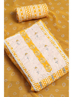 Biba - Mustard Cotton Hand Block Embroidered Unstitched Kurta with Bottom & Dupatta (Set of 3)