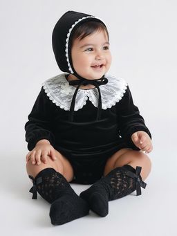 Hopscotch - Black Textured Onesie with Cap and Socks
