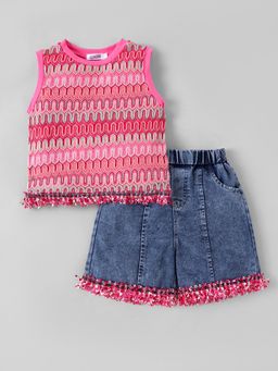 Hopscotch - Pink Self Design Top and Shorts