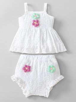 Hopscotch - White Self Design Top and Bloomer