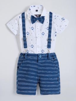 Hopscotch - Blue Printed Shirt and Shorts with Suspender, Bow