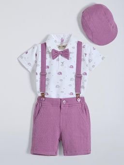 Hopscotch - Pink Printed Shirt with Shorts and Suspender, Bow, Cap