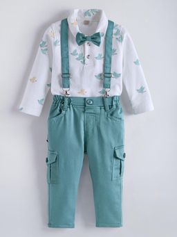 Hopscotch - White Printed Shirt with Pant and Suspender, Bow