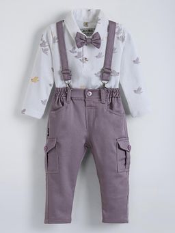 Hopscotch - Purple Printed Shirt with Pant and Suspender, Bow