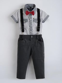 Hopscotch - Grey Stripes Shirt with Pant and Suspender, Bow
