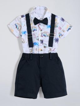 Hopscotch - White Printed Shirt and Shorts with Suspender, Bow