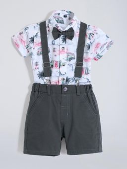 Hopscotch - White Printed Shirt and Shorts with Suspender, Bow