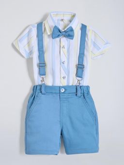 Hopscotch - White Stripes Shirt and Shorts with Suspender, Bow