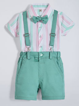Hopscotch - White Stripes Shirt and Shorts with Suspender, Bow