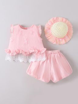 Hopscotch - Pink Embellished Top with Skirt and Cap