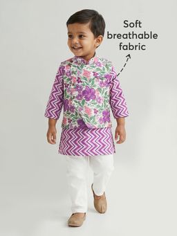Hopscotch - Purple Printed Kurta with Nehru Jacket and Pyjama