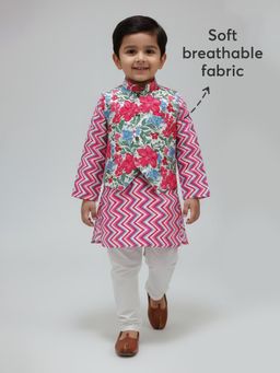Hopscotch - Pink Printed Kurta with Nehru Jacket and Pyjama