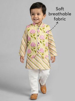 Hopscotch - Yellow Stripes Kurta with Nehru Jacket and Pyjama