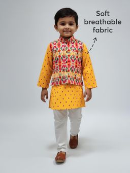 Hopscotch - Yellow Printed Kurta with Nehru Jacket and Pyjama