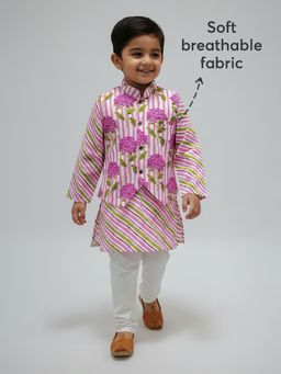Hopscotch - Purple Stripes Kurta with Nehru Jacket and Pyjama