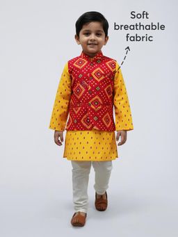 Hopscotch - Red Printed Kurta with Nehru Jacket and Pyjama