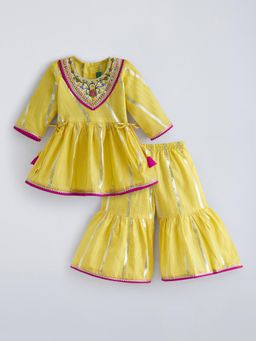 Hopscotch - Yellow Floral Kurta with Nehru Jacket and Pyjama