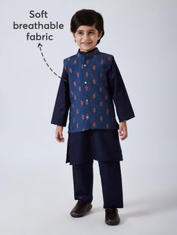 Hopscotch - Navy Blue Floral Kurta with Nehru Jacket and Pyjama