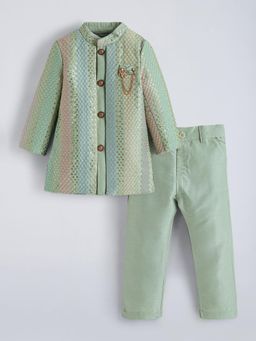 Hopscotch - Green Embroidered Kurta and Pyjama